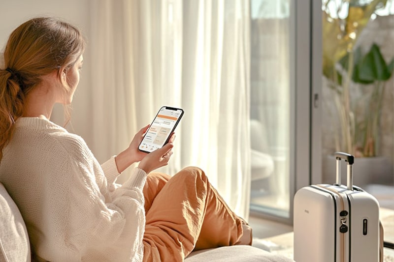 Frau bucht Transfer mit Smartphone