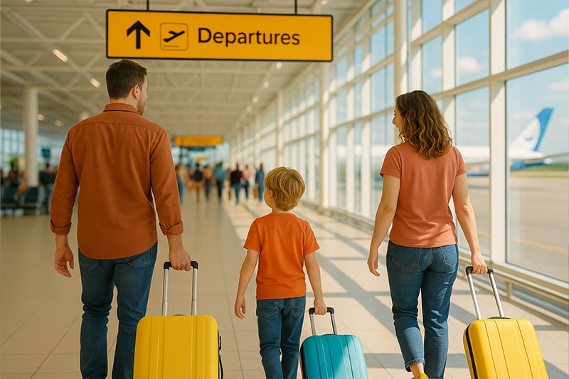 Familie mit Gepäck am Flughafen